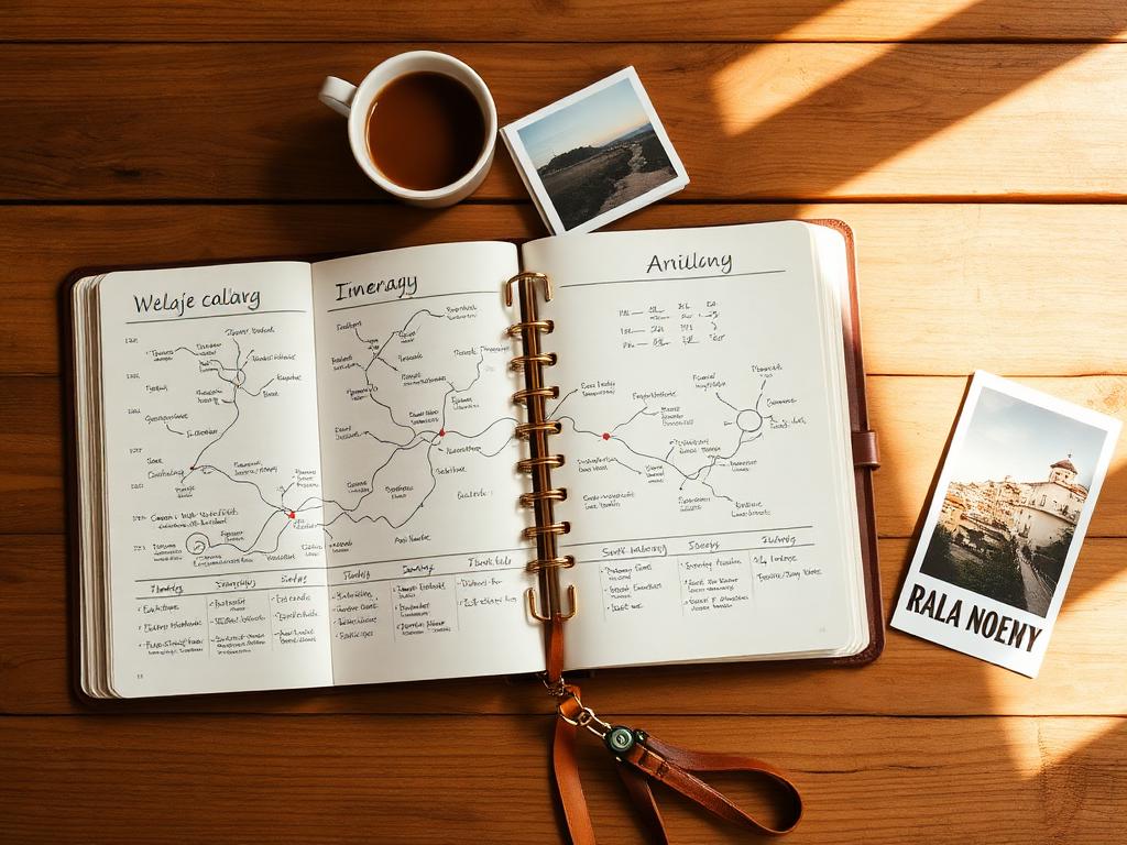A travel journal open to a hand-drawn itinerary, with photos and coffee on a wooden table